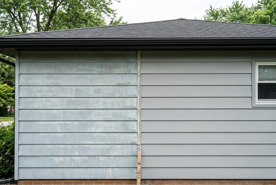 Faded and professionally refinished siding before and after
